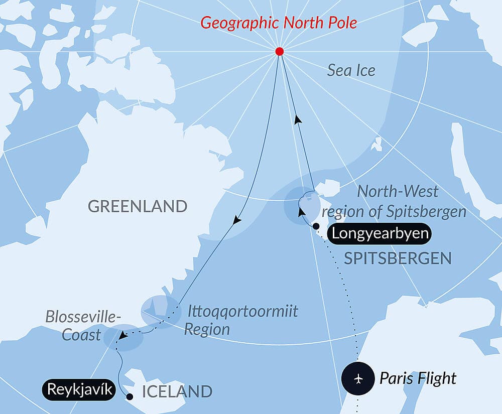The Geographic North Pole and the east coast of Greenland