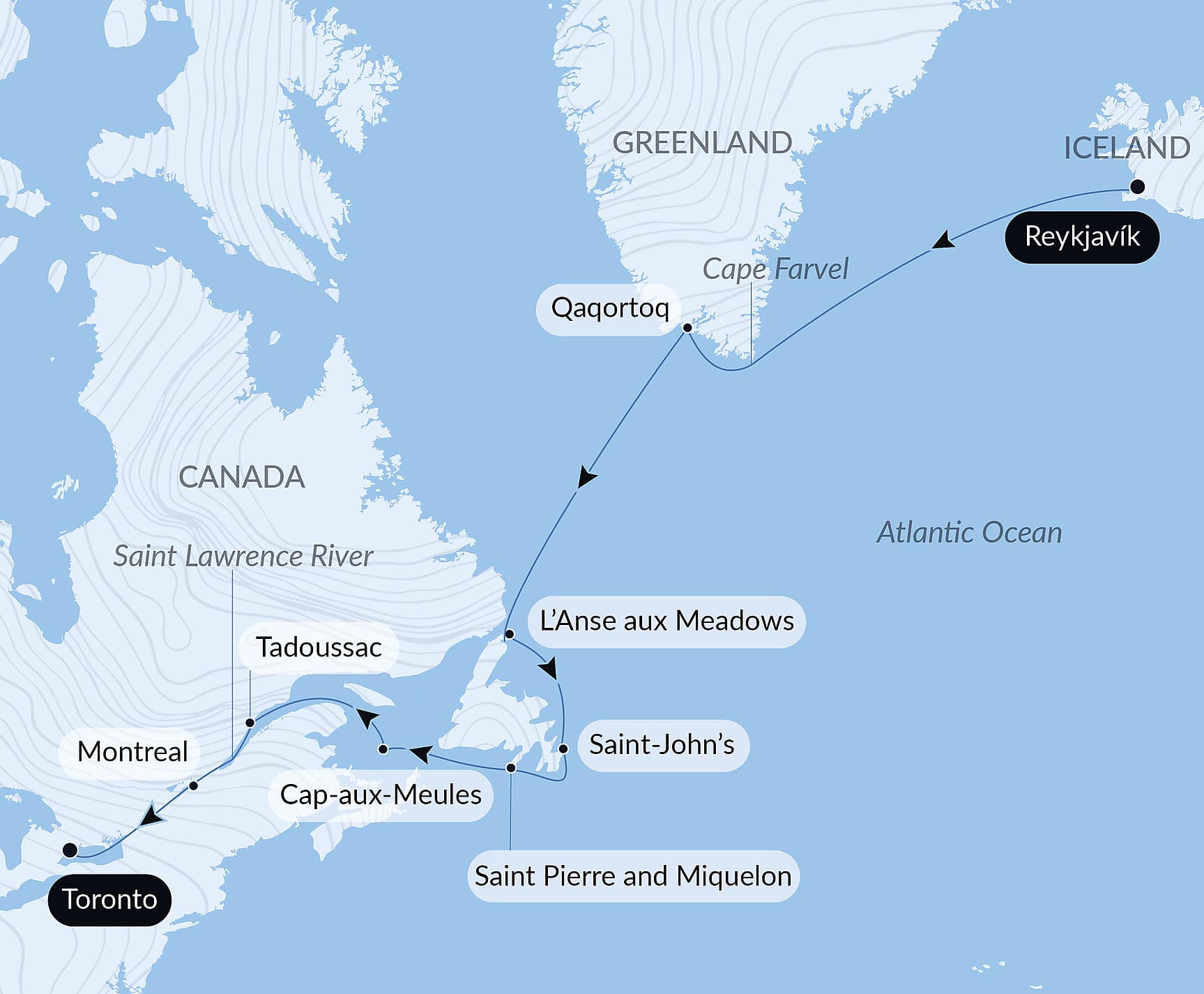Exploration from Greenland to Canada via Saint Pierre and Miquelon